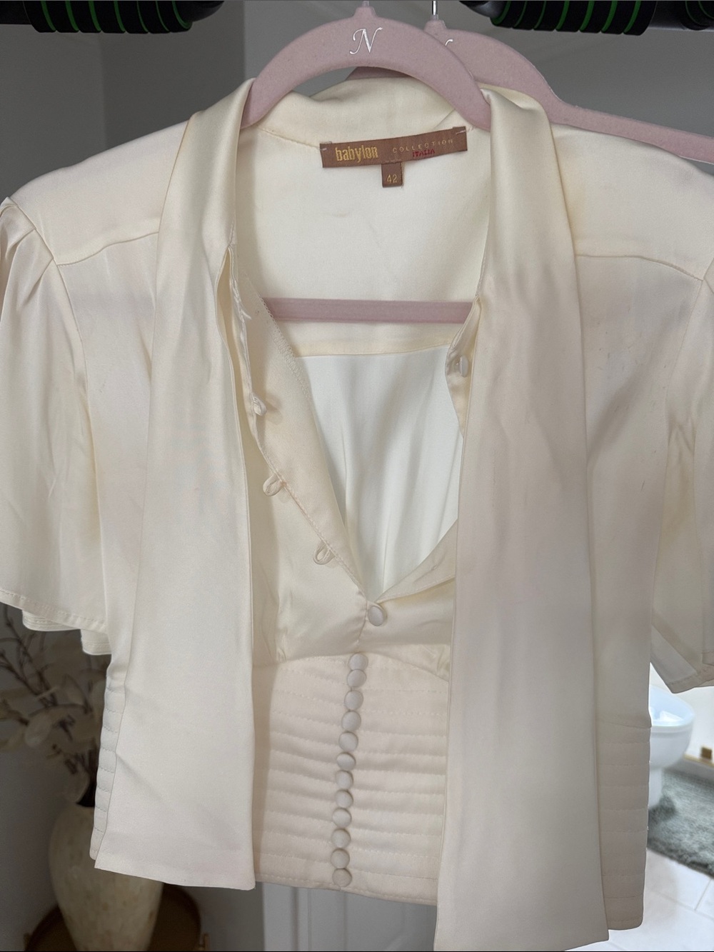 Cream Silk-Blend Tie-Neck Blouse